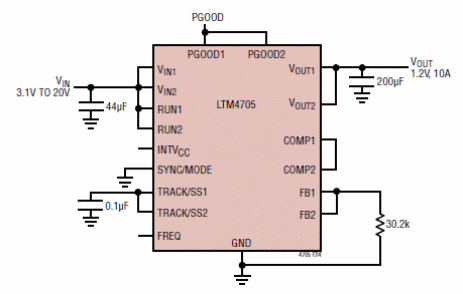 Figura 5 – Regulador de 1,2 V x 10 A com saídas em paralelo
Figura 5 – Regulador de 1,2 V x 10 A com saídas em paralelo