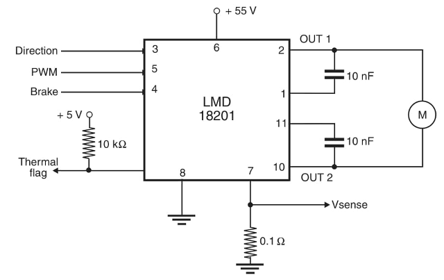 Figura 2 Ponte H com o LM18201.
Figura 2 Ponte H com o LM18201.