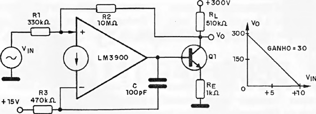 Fig. 20 – Amplificador para alta tensão – (circuito 63).
Fig. 20 – Amplificador para alta tensão – (circuito 63).