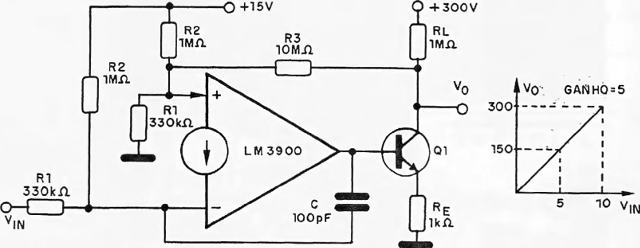 Fig. 21 – Amplificador de alta-tensão não inversor – (circuito 64).
Fig. 21 – Amplificador de alta-tensão não inversor – (circuito 64).
