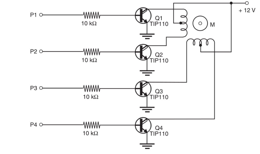 Figura 1 Excitando um motor de passo com transistores Darlington NPN.
Figura 1 Excitando um motor de passo com transistores Darlington NPN.