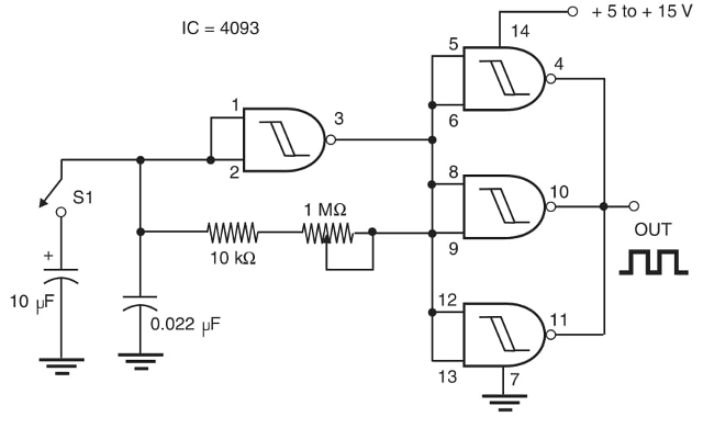 Figura 1 Gerador de passos usando o IC 4093.
Figura 1 Gerador de passos usando o IC 4093.
