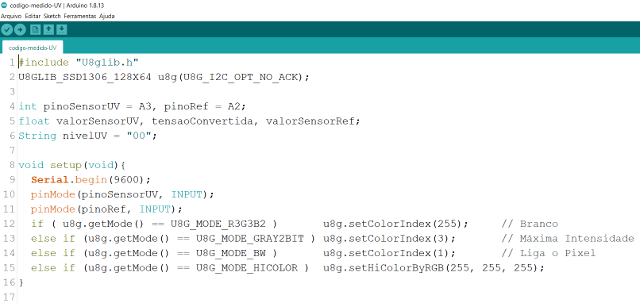 Figura 6: Código – Declaração das variáveis e setup (fonte própria)
Figura 6: Código – Declaração das variáveis e setup (fonte própria)