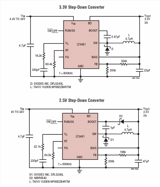 Legenda: Circuitos com saídas de 3,3 V e 2,5 V empregando o LT3481.
Legenda: Circuitos com saídas de 3,3 V e 2,5 V empregando o LT3481.