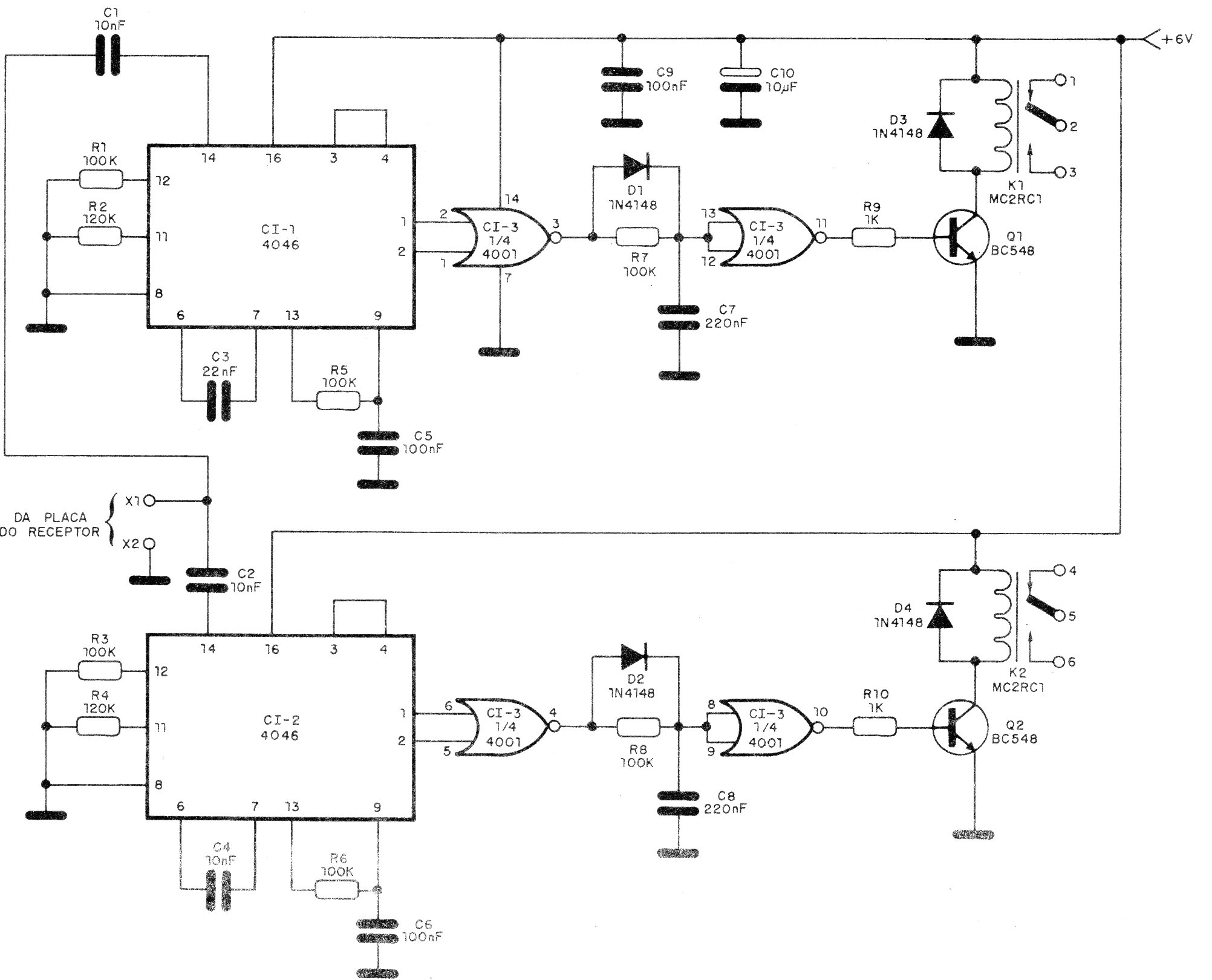 Figura 5 – O filtro. Circuito equivalente pode ser elaborado com LM567 que é mais comum, mas tem configuração diferente.
Figura 5 – O filtro. Circuito equivalente pode ser elaborado com LM567 que é mais comum, mas tem configuração diferente.