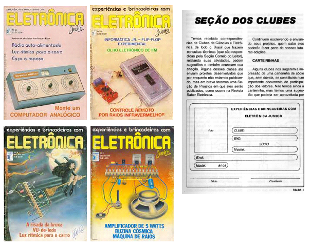Figura 2 – Seção de clubes na revista Experiências e Brincadeiras com Eletrônica Jr e exemplares da minha coleção.
Figura 2 – Seção de clubes na revista Experiências e Brincadeiras com Eletrônica Jr e exemplares da minha coleção.