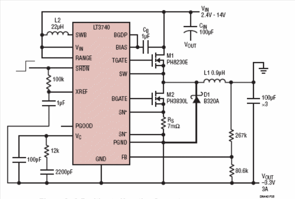 Figura 1 - Este circuito produz uma tensão negativa de 3,3 V com corrente até 3 A partir de tensões de entrada positivas de 2,4 V a 14 V.
Figura 1 - Este circuito produz uma tensão negativa de 3,3 V com corrente até 3 A partir de tensões de entrada positivas de 2,4 V a 14 V.