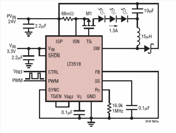 Figura 1 - Driver de LED de 2,3 A utilizando o LT3518 da Linear Technology.
Figura 1 - Driver de LED de 2,3 A utilizando o LT3518 da Linear Technology.