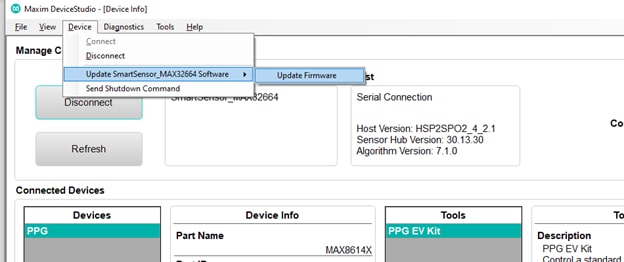 Figura 9: GUI do PC Maxim DeviceStudio – Atualizar firmware (Fonte: Mouser Electronics)
Figura 9: GUI do PC Maxim DeviceStudio – Atualizar firmware (Fonte: Mouser Electronics)