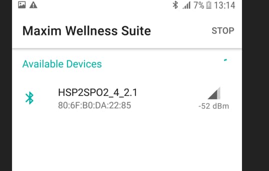 Figura 15: Aplicativo Maxim Wellness Suite para Android – conexão BLE (Fonte: Mouser Electronics)
Figura 15: Aplicativo Maxim Wellness Suite para Android – conexão BLE (Fonte: Mouser Electronics)