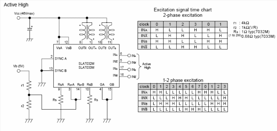 Figura 1 - Controle de motor de passo, ativo no nível alto, utilizando o SLA7032M ou SLA7033M.
Figura 1 - Controle de motor de passo, ativo no nível alto, utilizando o SLA7032M ou SLA7033M.