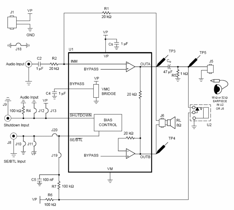 Figura 1- Amplificador de 1 W para fone com o NCP4896 da On Semiconductor.
Figura 1- Amplificador de 1 W para fone com o NCP4896 da On Semiconductor.