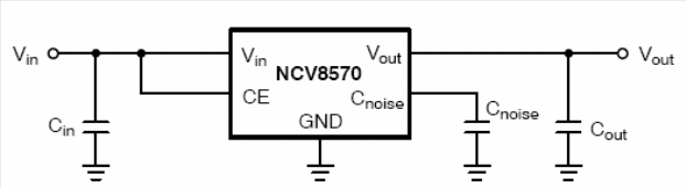 Circuito regulador de tensão com o LDO NCV8570 da On Semiconductor.
Circuito regulador de tensão com o LDO NCV8570 da On Semiconductor.