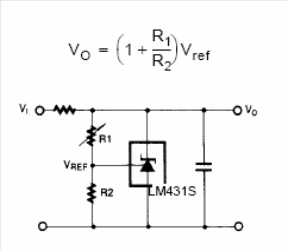 Figura 1- Regulador tipo shunt para correntes de 1 a 100 mA utilizando o LM431S da Fairchild.
Figura 1- Regulador tipo shunt para correntes de 1 a 100 mA utilizando o LM431S da Fairchild.