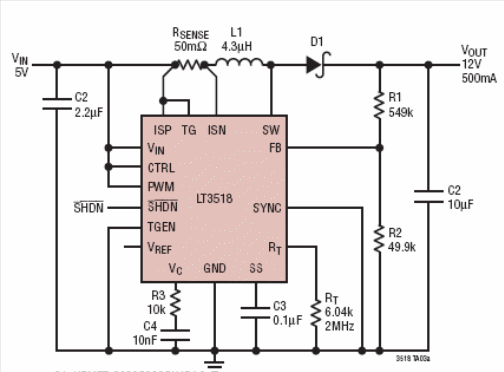 Figura 1 - Conversor boost com saída de 12 V x 500 mA a partir de entrada de 5 V.
Figura 1 - Conversor boost com saída de 12 V x 500 mA a partir de entrada de 5 V.