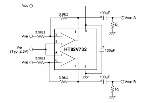 Figura 2 - Diagrama do amplificador de 60 mW Holtek na versão estéreo.
Figura 2 - Diagrama do amplificador de 60 mW Holtek na versão estéreo.