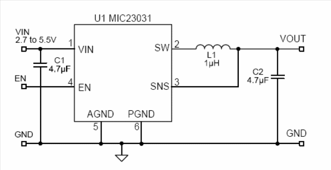 Figura 1- circuito para uma saída de 1,8 V utilizando o circuito integrado MIC23031 da Micrel.
Figura 1- circuito para uma saída de 1,8 V utilizando o circuito integrado MIC23031 da Micrel.