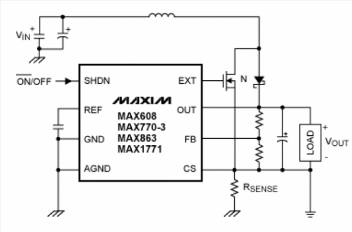 Figura 1 – Este circuito agrega o modo de corrente aos controladores boost PFM limitados em corrente da Maxim, sem aumentar a corrente quiescente.
Figura 1 – Este circuito agrega o modo de corrente aos controladores boost PFM limitados em corrente da Maxim, sem aumentar a corrente quiescente.