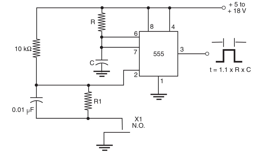 Figura 1 Condicionador de contato usando o 555 IC.
Figura 1 Condicionador de contato usando o 555 IC.