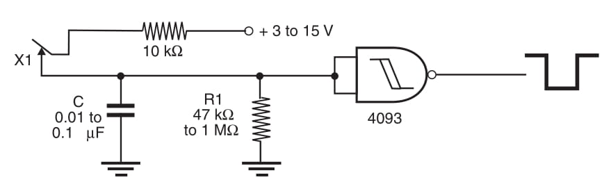 Figura 1 Condicionador de contato usando o 4093 CMOS.
Figura 1 Condicionador de contato usando o 4093 CMOS.