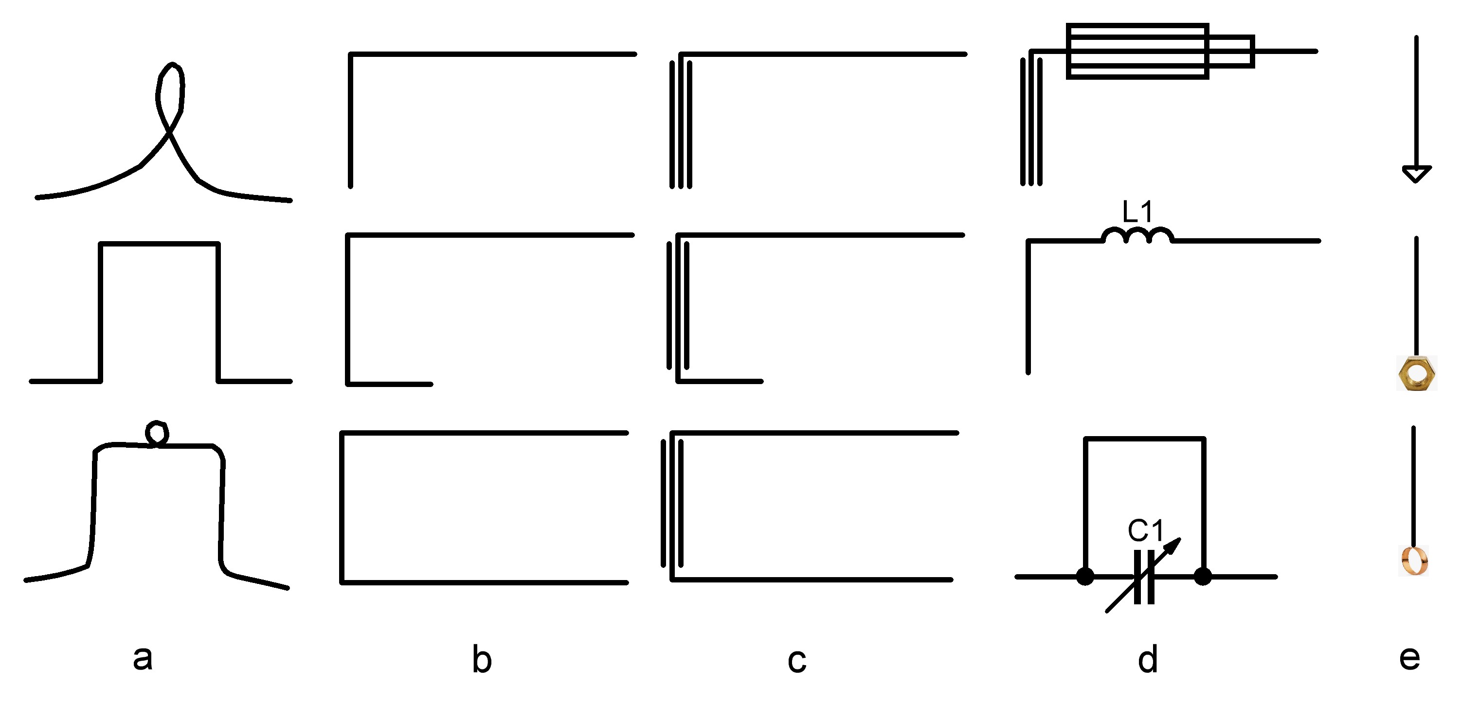 Figura 3 – Os principais tipos de quadros e pêndulos usados para detectar anomalias subterrâneas são: a) quadros em forma de γ e π; b) quadros simples feitos de arame; c) quadros usando rolamentos ou buchas para reduzir o atrito; d) quadros com alongamento telescópico de um dos lados e quadros usando elementos L ou C; e) pêndulos usando porcas, anéis e outros objetos
Figura 3 – Os principais tipos de quadros e pêndulos usados para detectar anomalias subterrâneas são: a) quadros em forma de γ e π; b) quadros simples feitos de arame; c) quadros usando rolamentos ou buchas para reduzir o atrito; d) quadros com alongamento telescópico de um dos lados e quadros usando elementos L ou C; e) pêndulos usando porcas, anéis e outros objetos