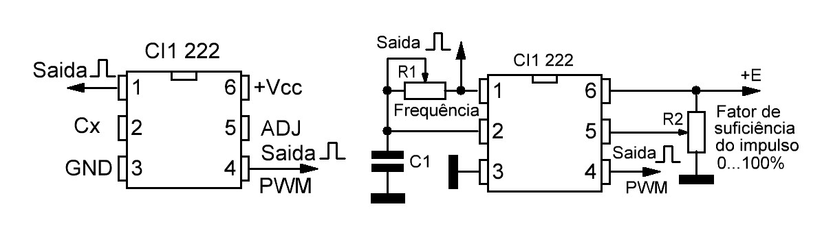 Figura 8 – Aparecimento da possível colocação do microcircuito 222 em um pacote DIP6, bem como um circuito de gerador-formador de sinais modulados em largura de pulso baseado no microcircuito 222 com um número mínimo de elementos
Figura 8 – Aparecimento da possível colocação do microcircuito 222 em um pacote DIP6, bem como um circuito de gerador-formador de sinais modulados em largura de pulso baseado no microcircuito 222 com um número mínimo de elementos