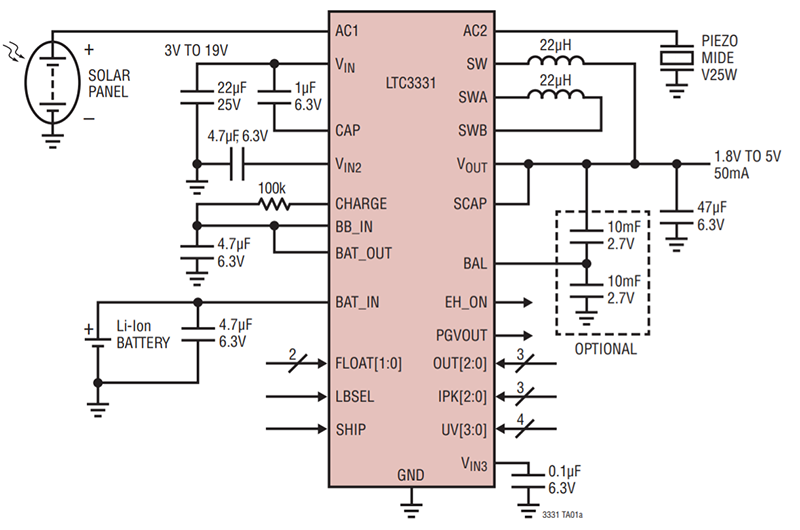 Figura 4: Circuito de aplicação LTC3331 em uma aplicação típica (Fonte: Analog Devices)
Figura 4: Circuito de aplicação LTC3331 em uma aplicação típica (Fonte: Analog Devices)
