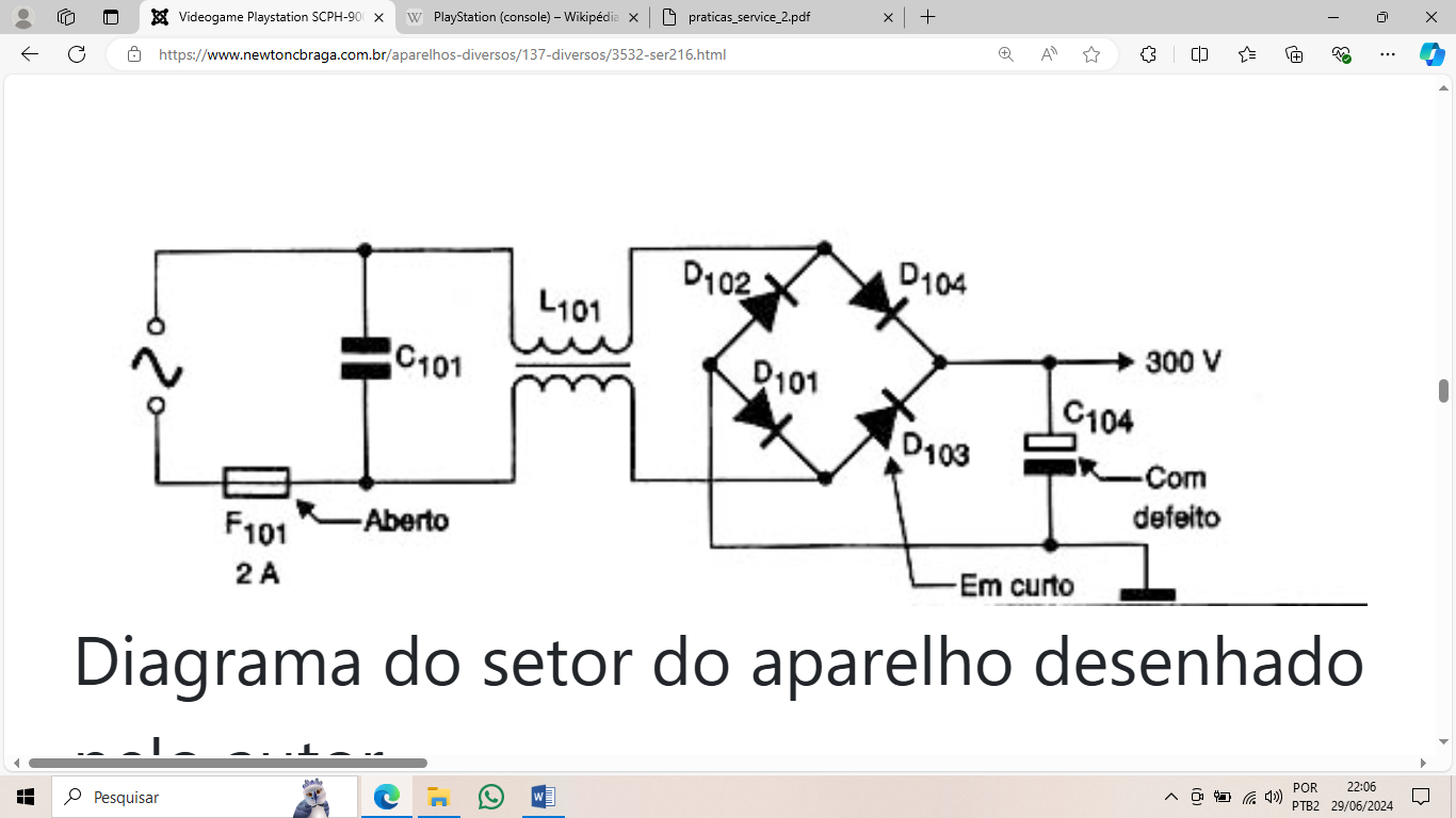 Figura 4: fusível F101 aberto, diodo D103 em curto e capacitor C104 estufado.
Figura 4: fusível F101 aberto, diodo D103 em curto e capacitor C104 estufado.