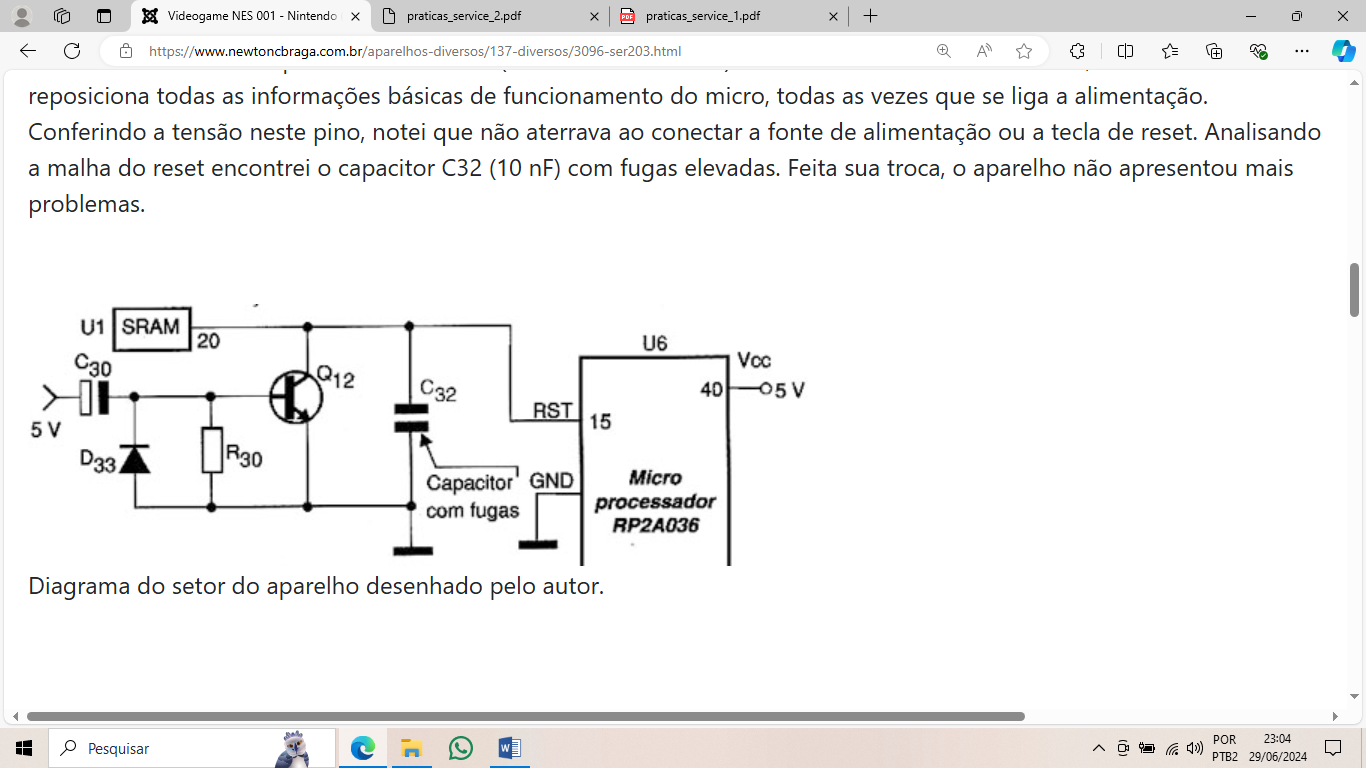 Figura 8: capacitor cerâmico C32 de 10nF com fugas comprometendo a inicialização do videogame.
Figura 8: capacitor cerâmico C32 de 10nF com fugas comprometendo a inicialização do videogame.