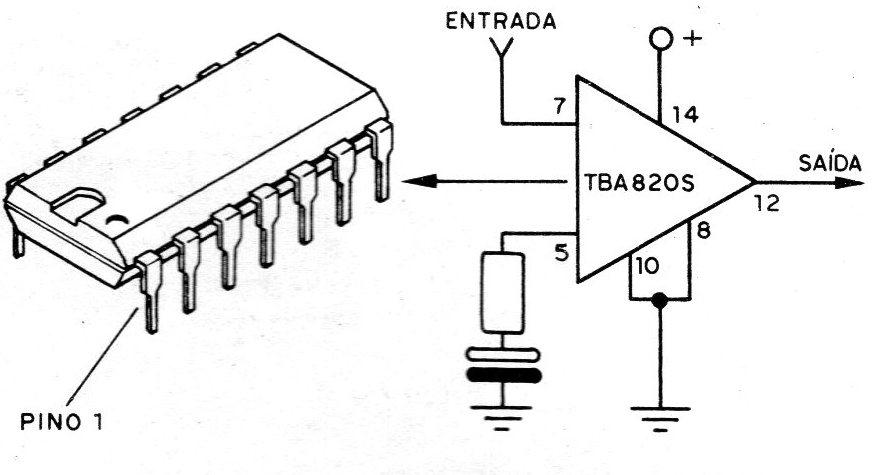 Figura 3 – Etapa amplificadora com o TBA820S (Este circuito integrado era comum na época em que foi escrito o artigo (1984). Hoje já é um componente difícil de obter. Sugerimos alteração desta etapa para usar o LM386 ou TDA7050.) Figura 3 – Etapa amplificadora com o TBA820S (Este circuito integrado era comum na época em que foi escrito o artigo (1984). Hoje já é um componente difícil de obter. Sugerimos alteração desta etapa para usar o LM386 ou TDA7050.)
