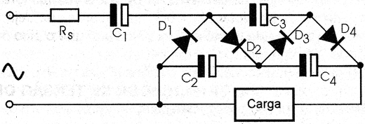 Figura 7 - Quadruplicador de tensão de meia onda. Figura 7 - Quadruplicador de tensão de meia onda.