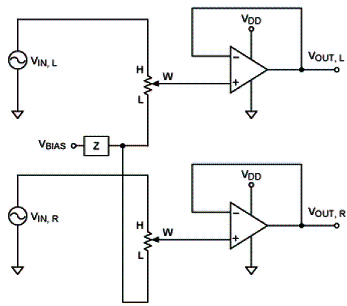 Figura 6 - Circuito de polarização passiva com sinais estéreo. Figura 6 - Circuito de polarização passiva com sinais estéreo.