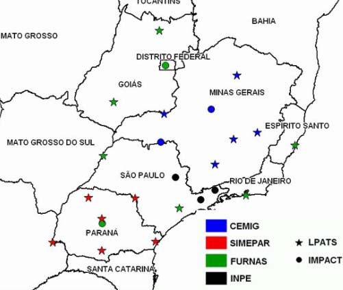 Mapa das estações sensoras do RINDAT. 