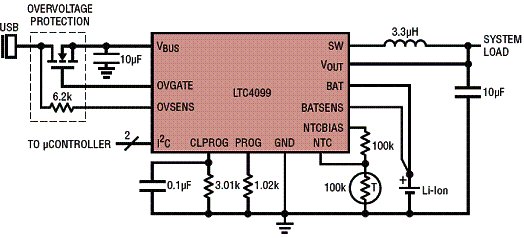 Figura 1 - Circuito condicionador usando o LTC4099 da Linear. Figura 1 - Circuito condicionador usando o LTC4099 da Linear.