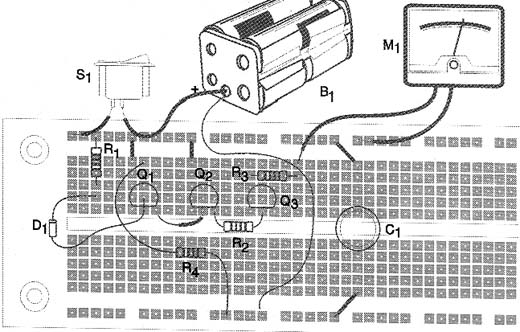 Montagem do circuito em matriz de contatos. Montagem do circuito em matriz de contatos.