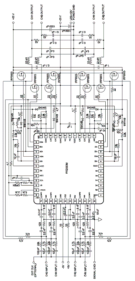 Figura 3 - Amplificador de alta potência classe com módulo PWM da International Rectifier. Figura 3 - Amplificador de alta potência classe com módulo PWM da International Rectifier.