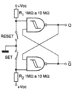 Ligação de um flip-flop RS com duas das portas NAND. Ligação de um flip-flop RS com duas das portas NAND.