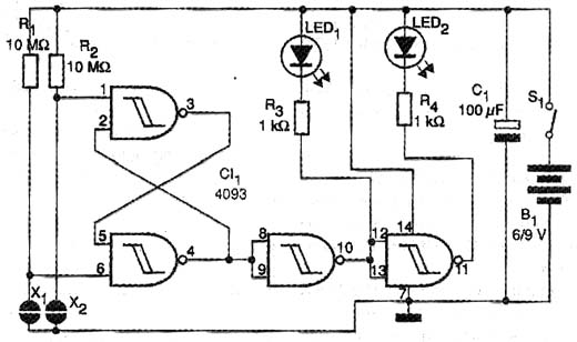 Esquema elétrico do circuito biestável que aciona LEDs. Esquema elétrico do circuito biestável que aciona LEDs.