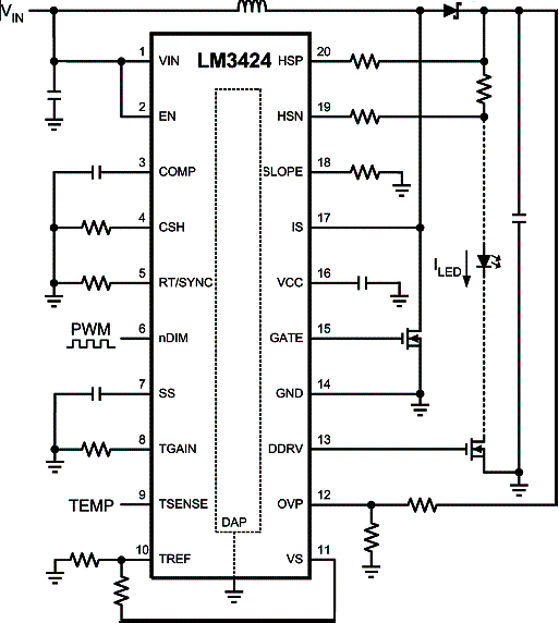 Figura 3 - Circuito típico de aplicação do Lm<sup>3</sup>424 num controle de brilho para LEDs - valores de componentes no link indicado no artigo. Figura 3 - Circuito típico de aplicação do Lm<sup>3</sup>424 num controle de brilho para LEDs - valores de componentes no link indicado no artigo.