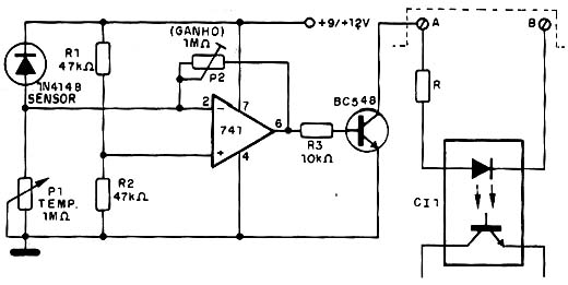 O potenciômetro ajusta a temperatura em que o sistema se mantém, conforme a sensibilidade do sensor. O potenciômetro ajusta a temperatura em que o sistema se mantém, conforme a sensibilidade do sensor.