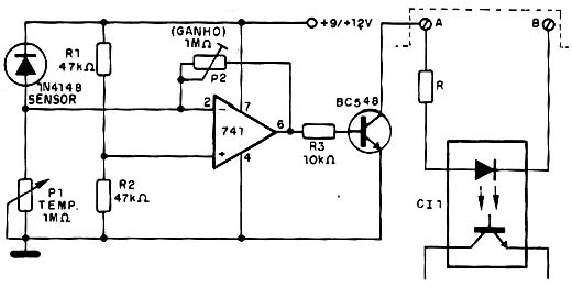  O potenciômetro ajusta a temperatura em que o sistema se mantém, conforme a sensibilidade do sensor. 