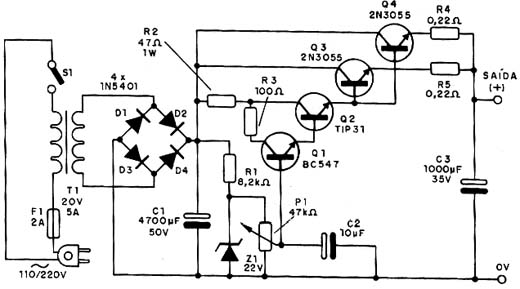 Diagrama completo da fonte 0-20 V x 5 ª
Diagrama completo da fonte 0-20 V x 5 ª