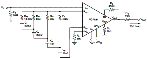 Figura 7 -Neste circuito, a rede de equalização formada pelo conjunto de capacitores e resistores em paralelo com Rg determina as características da equalização obtida de acordo com o cabo. Observe que o resistor de 50 Ω à terra determina a impedância de entrada do circuito, sendo portanto a impedância do cabo com o qual ele vai ser utilizado.
Figura 7 -Neste circuito, a rede de equalização formada pelo conjunto de capacitores e resistores em paralelo com Rg determina as características da equalização obtida de acordo com o cabo. Observe que o resistor de 50 Ω à terra determina a impedância de entrada do circuito, sendo portanto a impedância do cabo com o qual ele vai ser utilizado.