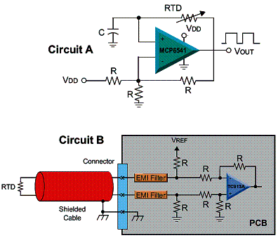 Figura 4 - Dois circuitos para sensores RTD.
Figura 4 - Dois circuitos para sensores RTD.