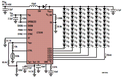 Figura 5 - Circuito excitador para 60 LEDs com 90% de eficiência utilizando o LT3598 da Linear Technology.
Figura 5 - Circuito excitador para 60 LEDs com 90% de eficiência utilizando o LT3598 da Linear Technology.