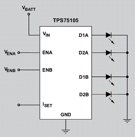 Figura 4 - Circuito de Excitação de LEDs da Texas Instruments
Figura 4 - Circuito de Excitação de LEDs da Texas Instruments