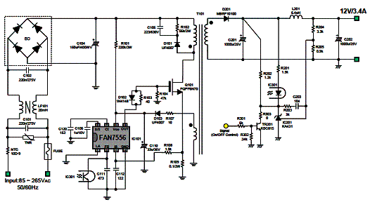 Circuito de aplicação de um conversor de 40 W para 12 V x 3,4 A.
Circuito de aplicação de um conversor de 40 W para 12 V x 3,4 A.