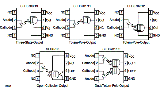 Pinagens dos acopladores ópticos sugeridos nos circuitos deste artigo.
