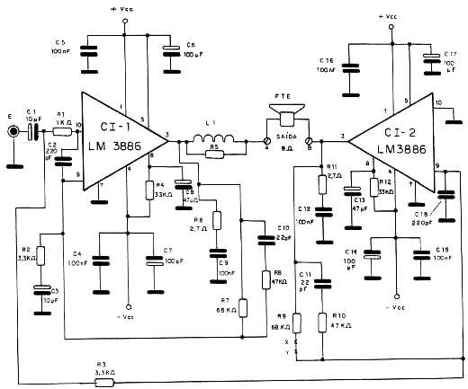 Diagrama de um dos canais do amplificador.
Diagrama de um dos canais do amplificador.