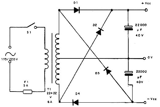 Fonte para o amplificador (um canal) - para dois canais o transformador deve ser de 22 + 22 V x 10 ª
Fonte para o amplificador (um canal) - para dois canais o transformador deve ser de 22 + 22 V x 10 ª
